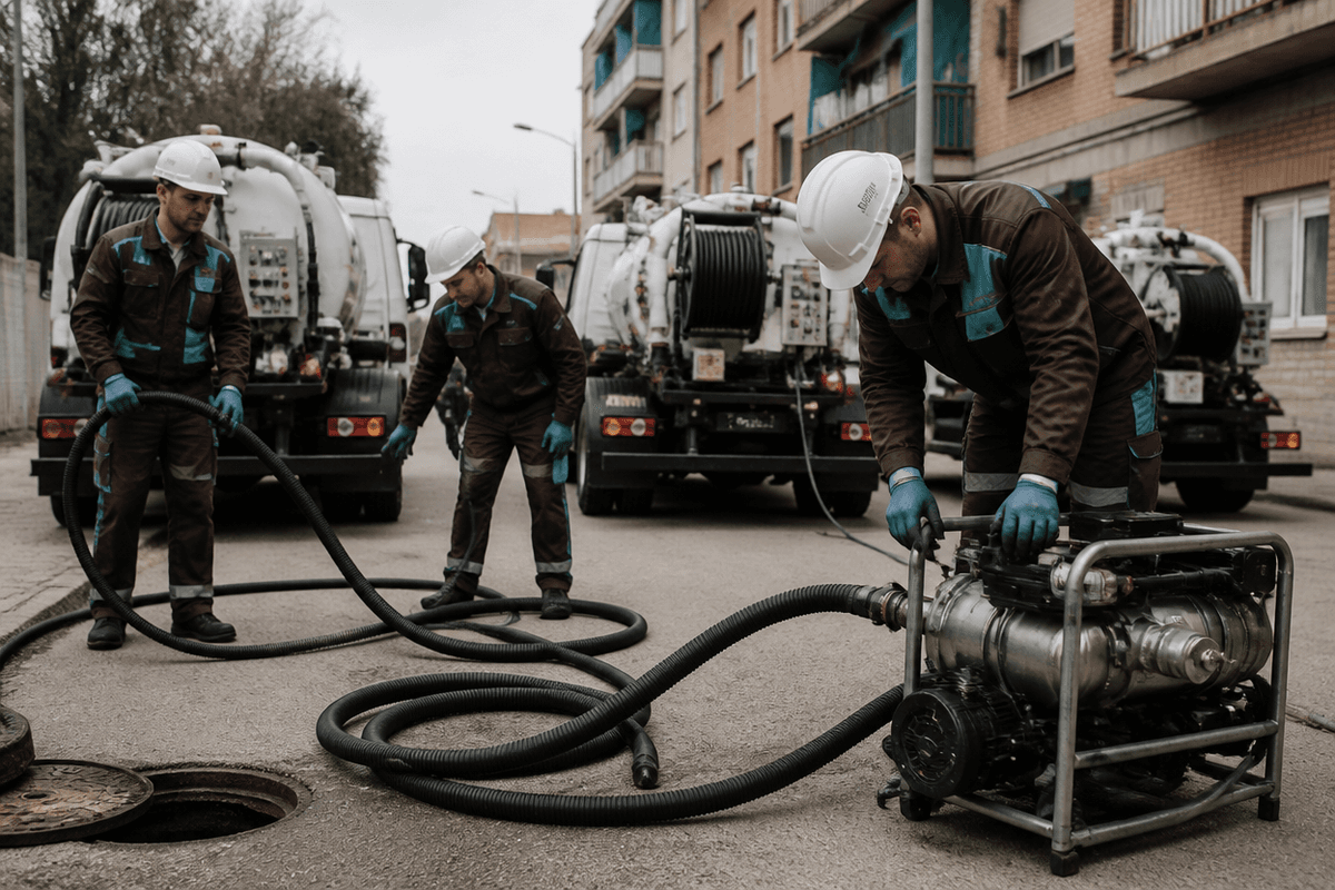 Tres profesionales con ropa de trabajo y EPI preparan mangueras y equipos de absorción junto a la flota en Murcia